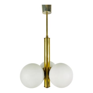 1960s Mid-Century Modern 3-Arm Opaline Glass and Brass Pendant Lamp by Kaiser, Germany For Sale