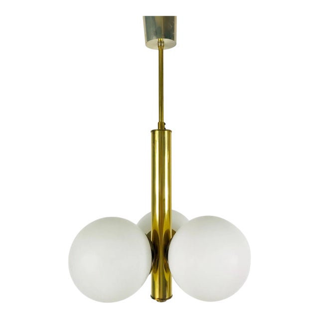 1960s Mid-Century Modern 3-Arm Opaline Glass and Brass Pendant Lamp by Kaiser, Germany For Sale