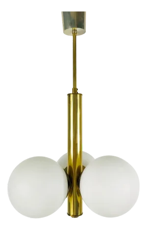 1960s Mid-Century Modern 3-Arm Opaline Glass and Brass Pendant Lamp by Kaiser, Germany
