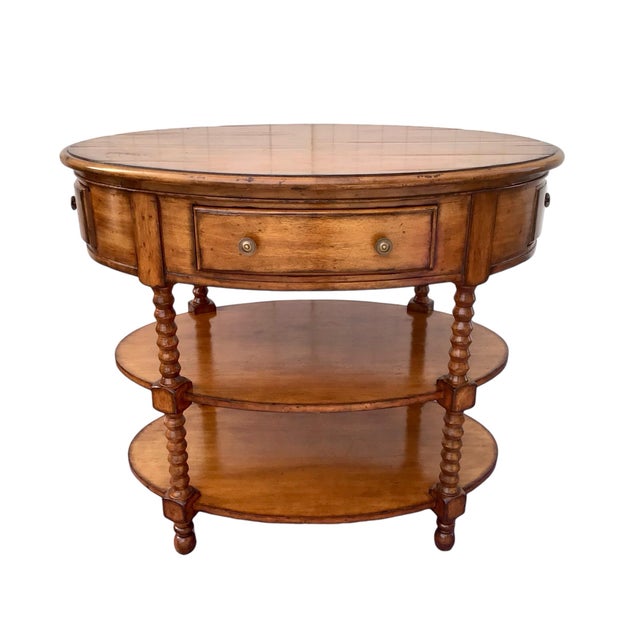 1970s Vintage Tall Oval Theodore Alexander Style Table With Turned Spindle Legs and Two Shelves For Sale In New York - Image 6 of 12