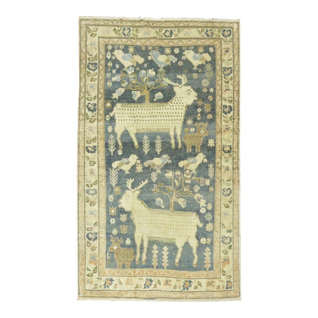 Mid 20th Century Pictorial Sheep Pigeon Sea Foam Turkish Anatolian Accent Size Decorative Rug - 4'6" x 7'2" For Sale