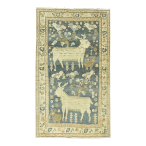 Mid 20th Century Pictorial Sheep Pigeon Sea Foam Turkish Anatolian Accent Size Decorative Rug