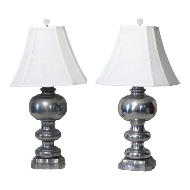 Pair of 1950s Regency Table Lamps in Pewter With White Lampshades For Sale