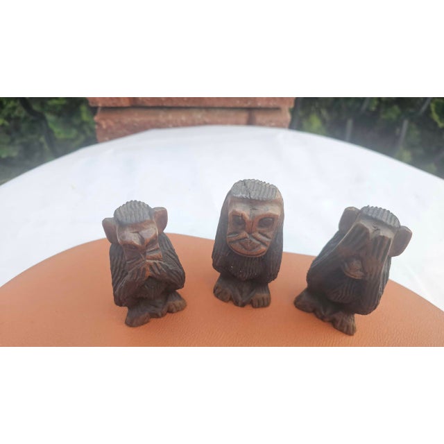 Wooden Carved Dont Speak, Dont Hear, Dont See Monkey Figurines, 1960s, Set of 3 For Sale - Image 4 of 7