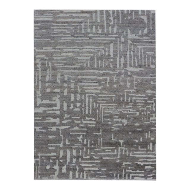 Modern Hand Knotted Wool Area Rug in Cream and Gray With Abstract Design For Sale
