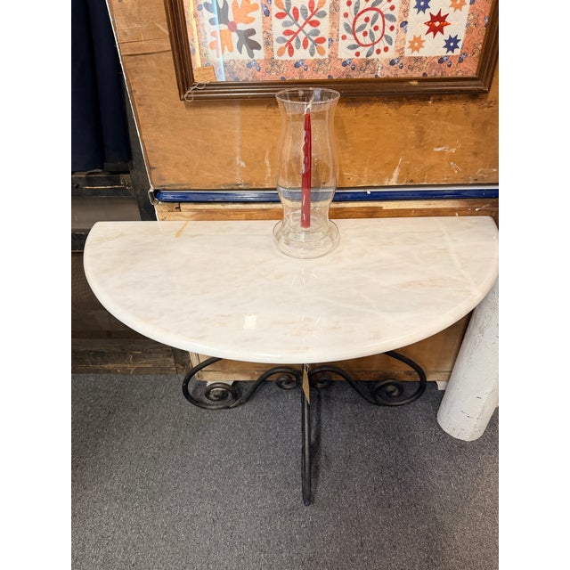 Art Deco Vintage Wrought Iron Demi-Lune Console Table With Marble Top For Sale - Image 3 of 9
