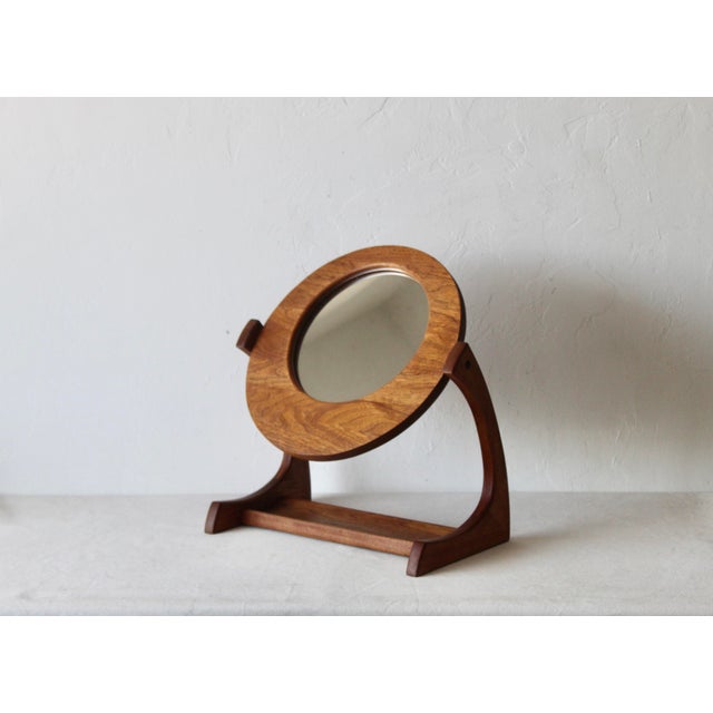 Pedersen and Hansen Style Modern Table Top Adjustable Vanity Mirror. Made from teak style wood, mirror tilts, marked "LK"...