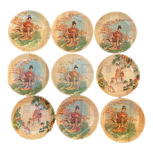 Vintage Asian Chinoiserie Japanese Bamboo Geisha Plates - A Set of Nine