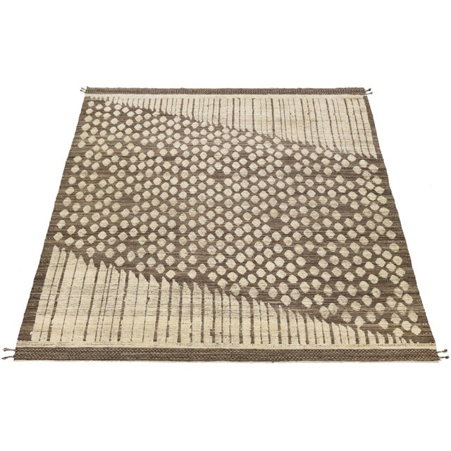 2010s Handmade Modern Moroccan Brown Wool Rug With Graphic Geometry Design For Sale - Image 5 of 11