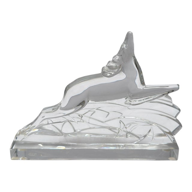 Signed Baccarat French Crystal Leaping Gazelle Bookend For Sale