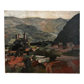 Vintage French Village Landscape Oil Painting For Sale