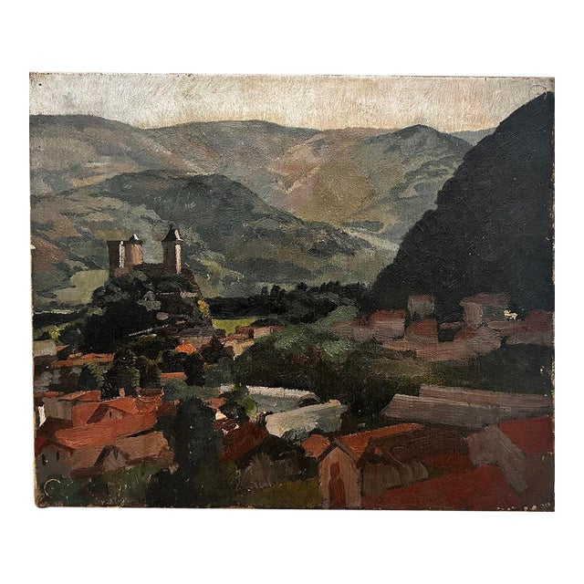 Vintage French Village Landscape Oil Painting For Sale