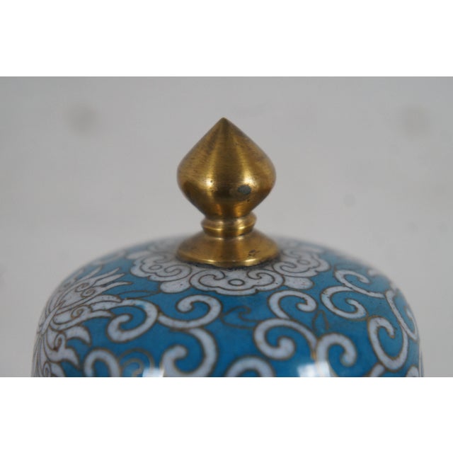 Antique Turquoise Cloisonné Chrysanthemums Lidded Ginger Jar Vase Urn - a Pair For Sale - Image 4 of 12