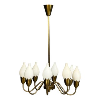 1950s Mid-Century Modern Fog & Mørup, Tulip Chandelier, Opal Glass, Brass For Sale