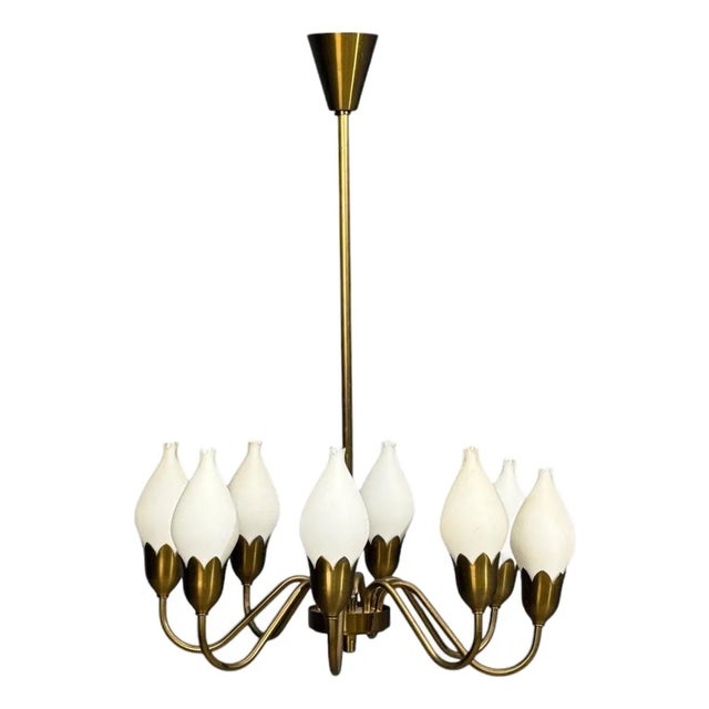 1950s Mid-Century Modern Fog & Mørup, Tulip Chandelier, Opal Glass, Brass For Sale