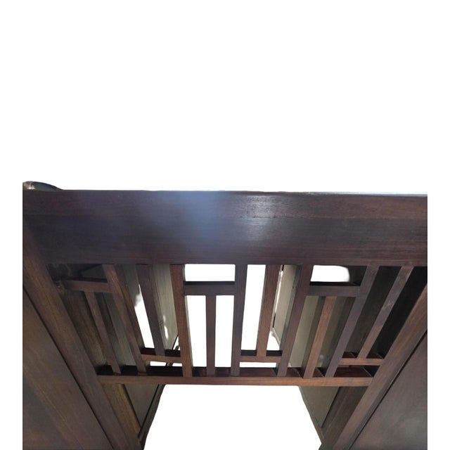 Vintage Asian-Inspired Dark Wood Executive Desk With Brass Hardware & Fretwork For Sale - Image 11 of 12