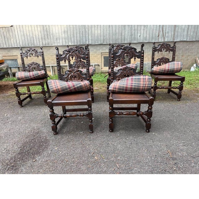 Set of 6 Antique Renaissance Gothic Style Oak Carved Dining Chairs For Sale - Image 4 of 18