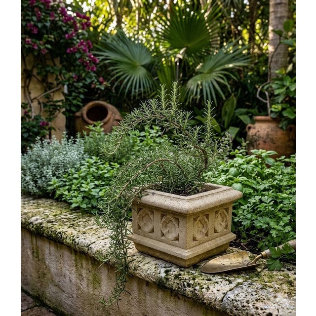 English Gothic Style Cast Stone Square Planter With Rosette Panels For Sale In West Palm - Image 6 of 8