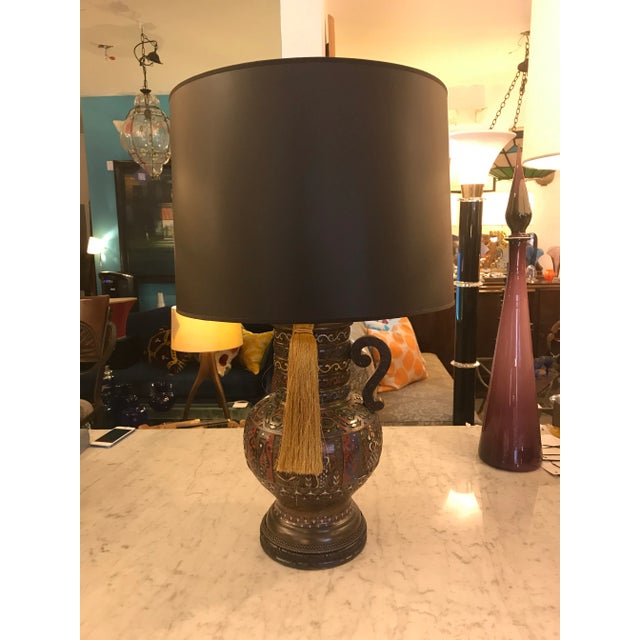 Incised and Applied Colorful Metal Urn Lamp For Sale - Image 9 of 11