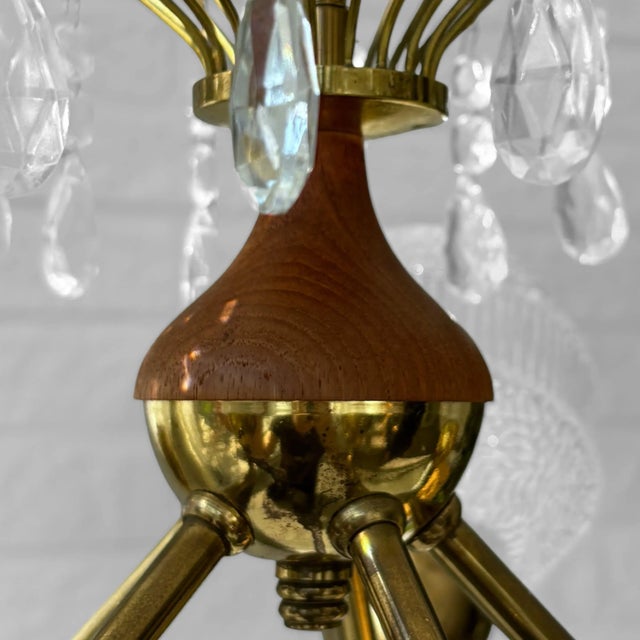 Metal Mid-Century Chandelier in Teak, Brass and Crystal, Sweden, 1950s For Sale - Image 7 of 13