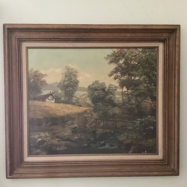Traditional Vintage Oil Painting of Landscape Rural Scene Artist Signed Framed For Sale - Image 3 of 12