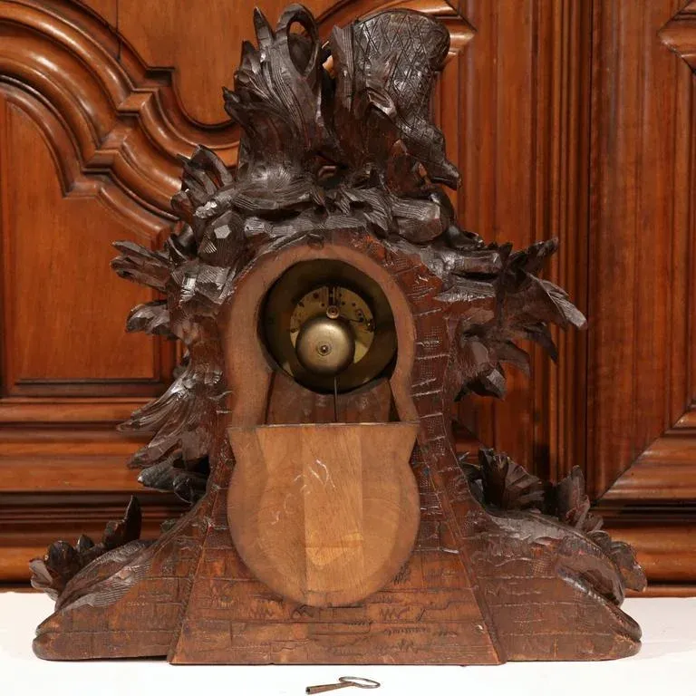 19th Century Swiss Carved Walnut Black Forest Mantel Clock | Chairish