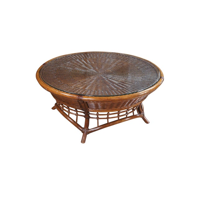Mid century round boho bamboo and rattan coffee or cocktail table with glass top. Dimensions: 37.5" x 16"