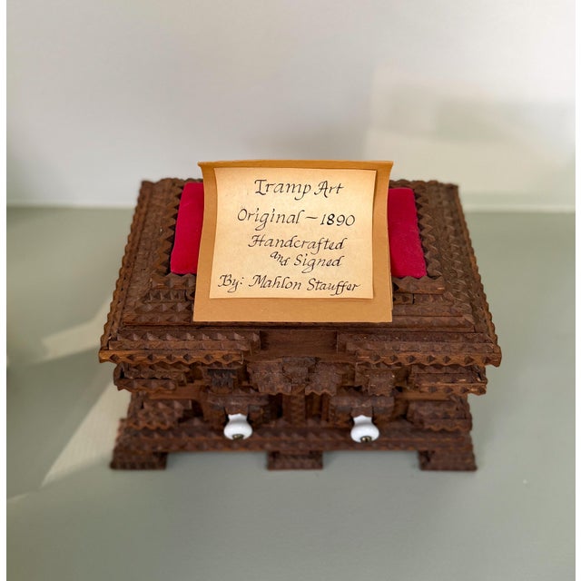 Signed Tramp Art Sewing Box, Folk Art Pincushion Chest With Drawers For Sale - Image 4 of 8