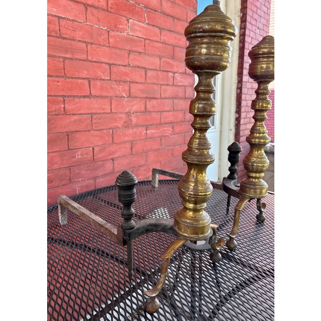 Antique Brass and Iron Fireplace Andirons - Pair For Sale - Image 4 of 8
