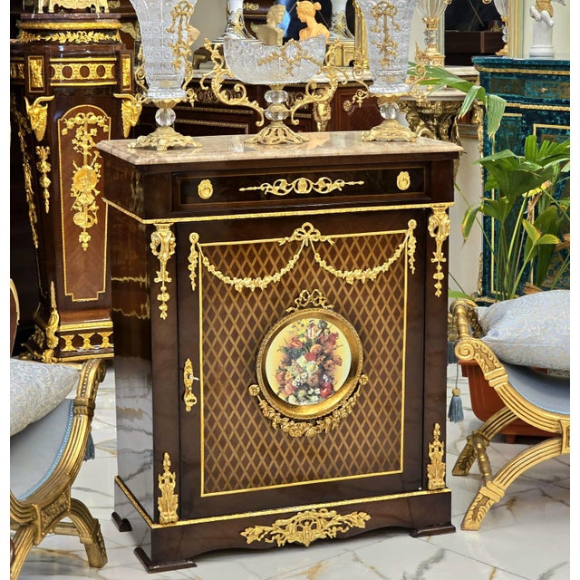 French French Commode Cabinet With Marble Top, Floral Medallion & Gilded Accents For Sale - Image 3 of 3
