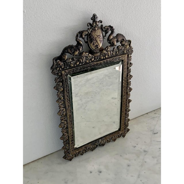 Early 20th Century Early 20th Century French Cast Brass Heraldic Mirror With Dragons & Coat of Arms For Sale - Image 5 of 12