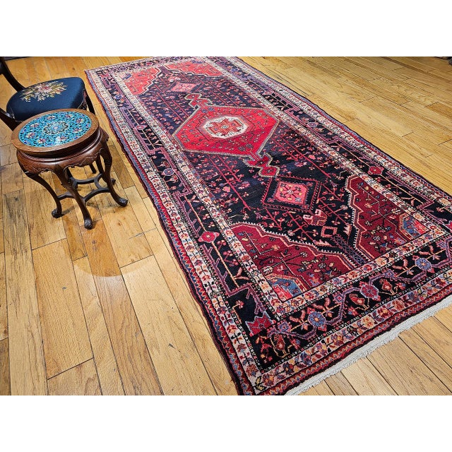 Vintage Persian Hamadan Gallery Rug, Hand-Knotted Wool, Geometric Medallion Pattern, Navy & Red, 6x12 For Sale - Image 4 of 17