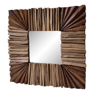 Handcrafted Brown Wooden Driftwood Square Wall Mirror For Sale