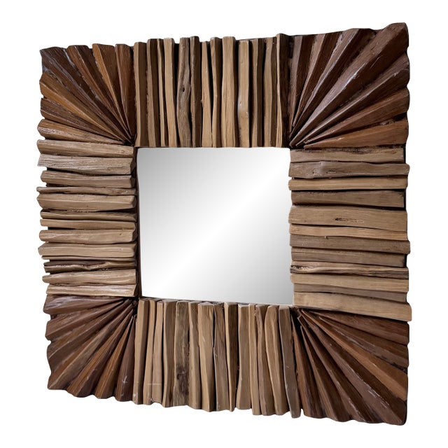 Handcrafted Brown Wooden Driftwood Square Wall Mirror For Sale