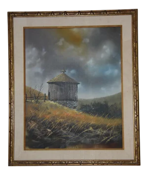 1960s Vintage Hector Salas Framed Oil on Canvas Outhouse Rural Landscape Painting