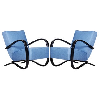 Set of Art Deco Model H-269 Lounge Chairs in Beech and Blue Upholstery attributed to Jindřich Halabala for Up Závody, Former Czechoslovakia, 1930s For Sale