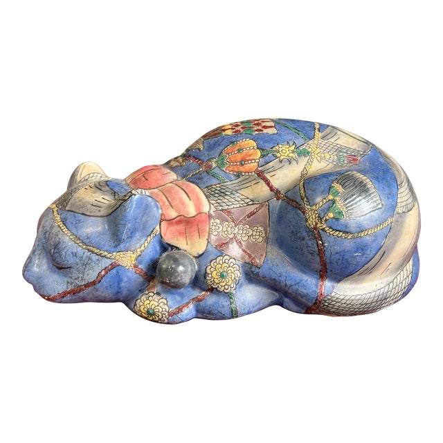 1970s Ceramic Blue Hand Painted Decorative Cat For Sale