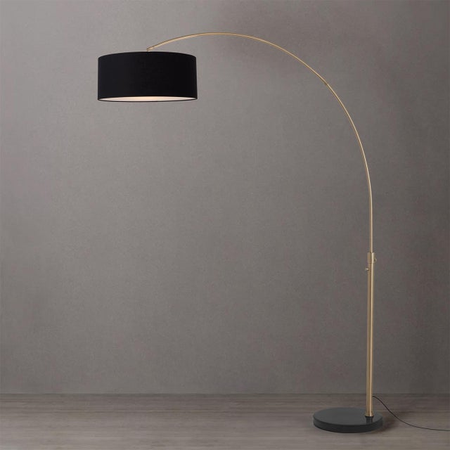 Mid-Century Modern 92" Adjustable 1959 Morelli Float Brass Lamp - Mid Century Modern Arc Lamp, Black Linen Shade, Dimmable, Black Marble Base For Sale - Image 3 of 4