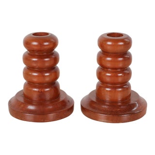 Mid-Century Modern Pair of Hand-Turned Wood Candlesticks For Sale