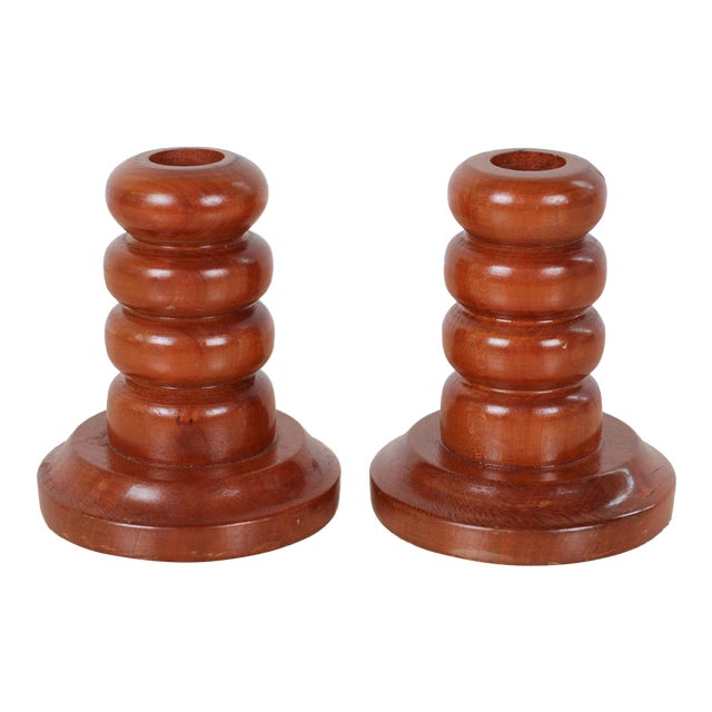 Mid-Century Modern Pair of Hand-Turned Wood Candlesticks For Sale