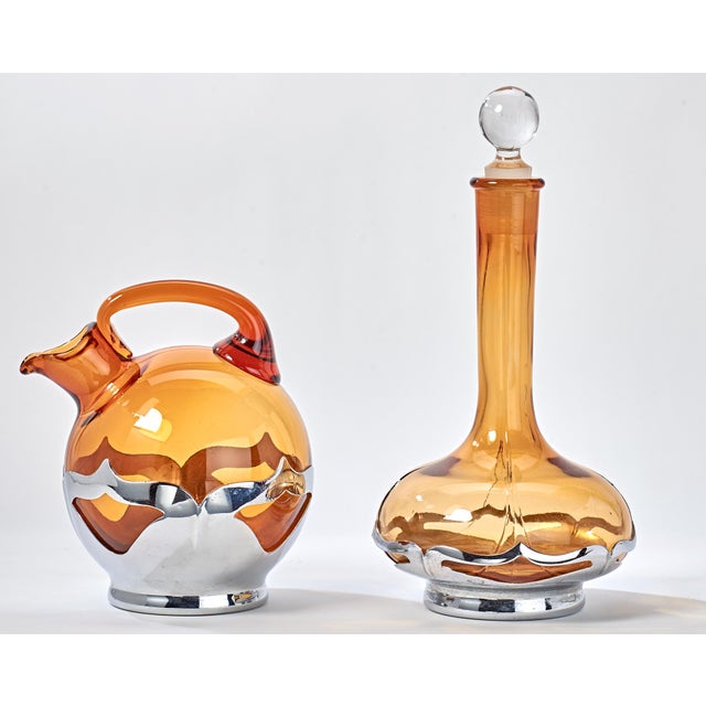 Art Deco Pair of 1930's Krome Kraft Decanters - Orange - By Farber Bros For Sale - Image 3 of 6