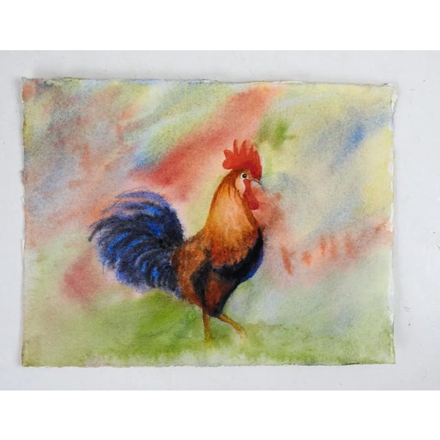 Rustic European Small Contemporary Rooster Watercolor Painting For Sale - Image 3 of 3