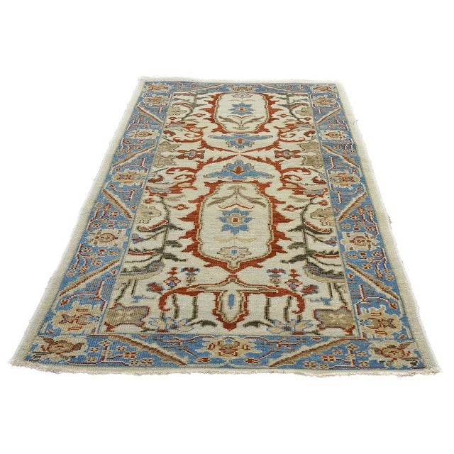 Afghan Sultanabad Master Wool 3x6 Ivory, Blue, & Red Handmade Runner Rug #1143761 For Sale - Image 4 of 7