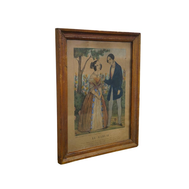 Victorian Antique French Hand Colored Lithograph 'Le Cadeau' Romance Courting Scene Framed For Sale - Image 3 of 11