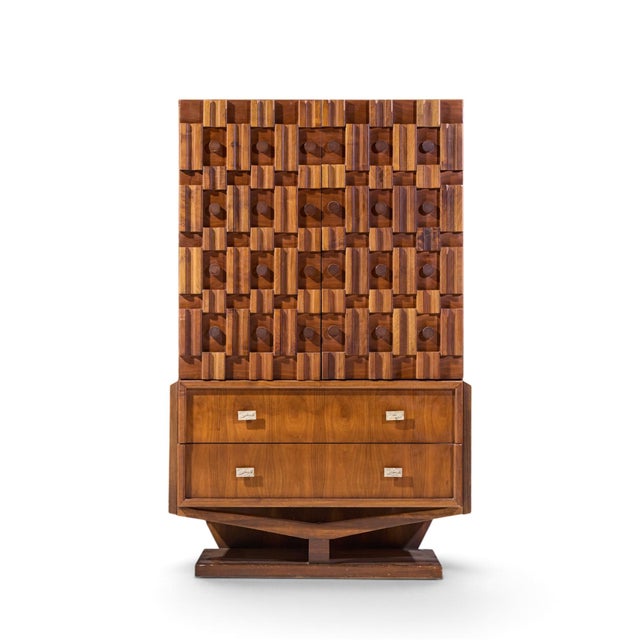 Paul Evans Style Mid Century Canadian Brutalist Walnut Pedestal Armoire Highboy Dresser This highboy measures: 39.75 wide...