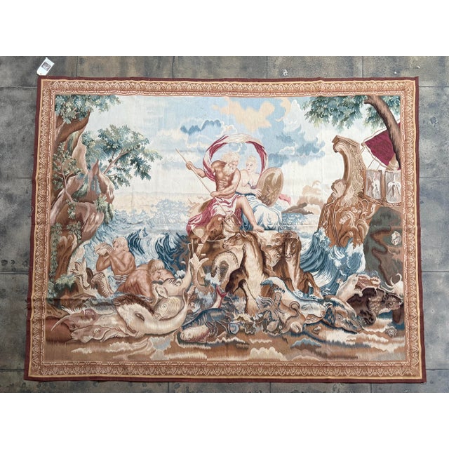 This impressive vintage wool and cotton tapestry, dating to circa 2000, depicts an elaborate mythological maritime scene...
