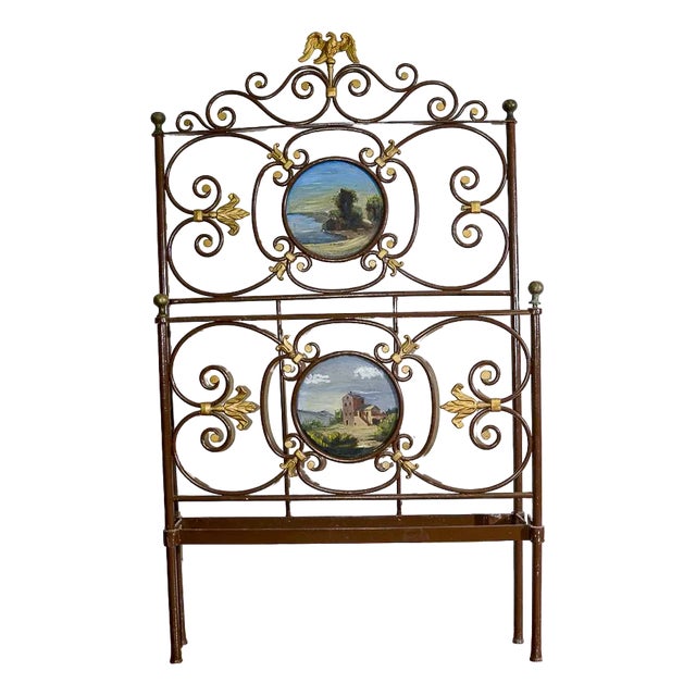 Wrought Iron Single Bed with Gilded Decorations and Brown Painted Frame For Sale