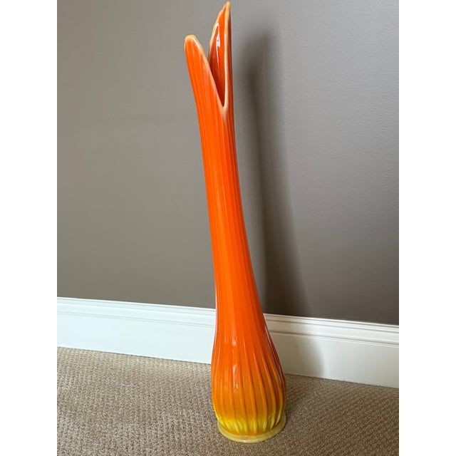 Vintage 60's Bittersweet l.e. Smith Orange Art Glass Swung Vase 30 1/2" Tall MCM Handblown Floor Vase For Sale - Image 13 of 15