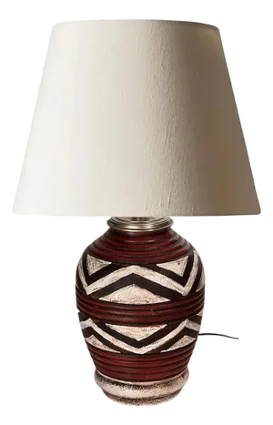 Art Deco French Lamp in Crackled Ceramic and Brass Geometric Red Motifs, 1930s