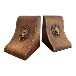 1980s English Regency Aged Leather Bookends With Ringed Lion Heads